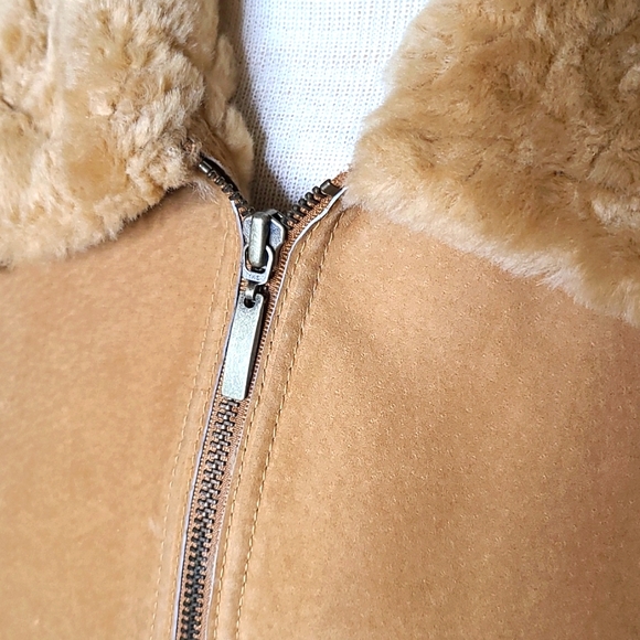 Shearling Leather Jacket Zip Front Size Large Suede Tan Brown Classic Western - Picture 4 of 7